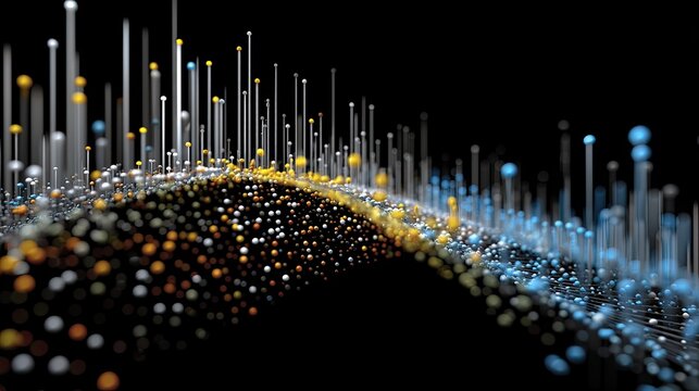 Abstract digital visualization with colorful data points and lines forming a dynamic wave against a black background.