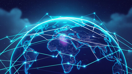 A glowing earth with interconnected blue lines representing global network connections in a digital world