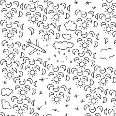 Texture in the form of a cluster of crescent moons, sun, clouds, raindrops and one airplane.