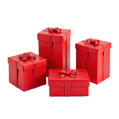 Vibrant red gift boxes with bows, set against a transparent background, perfect for festive occasions..