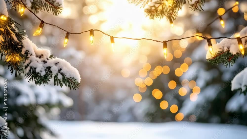 Aufkleber festive string lights draped on snow-covered evergreen branches in a tranquil winter forest creating
