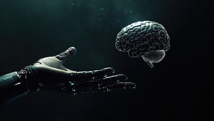 Robotic hand reaching for floating brain in dark, artificial intelligence concept