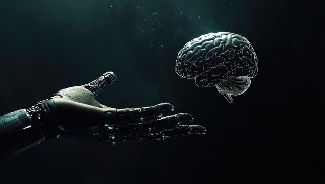 Robotic hand reaching for floating brain in dark, artificial intelligence concept