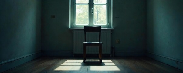 Close-up of a single, empty chair in a dimly lit room, conveying a feeling of profound isolation and solitude The scene is suggestive of loneliness and emotional emptiness , wistful, alone, solitude