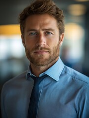 Naklejka premium Confident Businessman Portrait in Office. Professional Headshot of a Young Executive in Blue Shirt and Tie with Beard, Showcasing Leadership and Success
