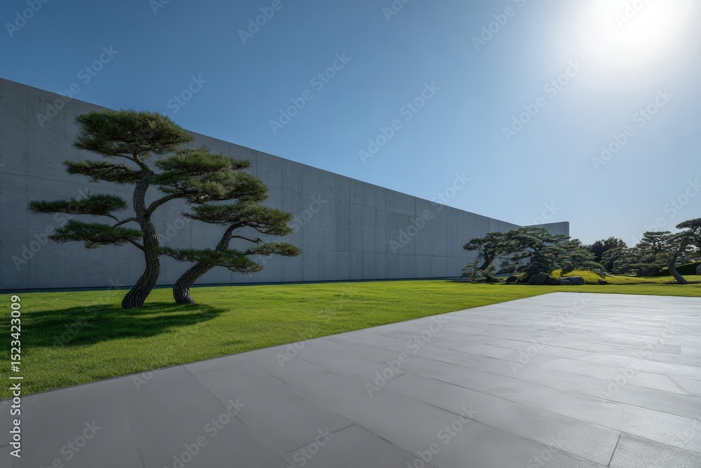 Aufkleber sun shining on a large concrete wall in a japanese style garden with green grass and pine trees, min