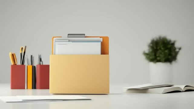 Organized workspace featuring a yellow folder with documents, colorful stationery, and a plant