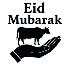 Eid Mubarak Vector with Cow and Hand - Islamic Sacrifice Icon isolated on white background
