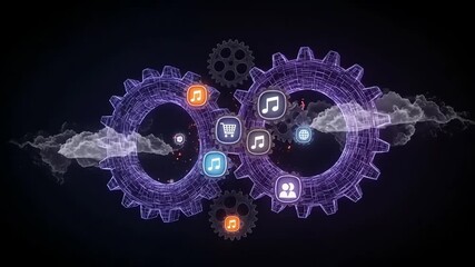 Abstract representation of interconnected gears with digital icons illustrating music, shopping, and social interaction - Powered by Adobe