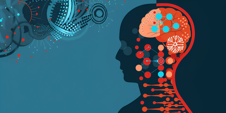 Illustration of human brain interface with AI technology, Digital neural network concept in human silhouette, Artificial intelligence merging with human cognition
