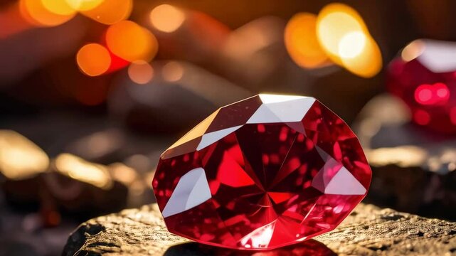 Gemstone on rough stone, vibrant red ruby with glowing highlights and smooth texture, reflecting warm light with an orange blurry bokeh background.