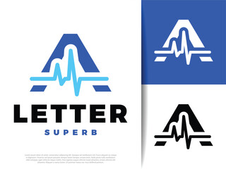 Medical Logo Design with Letter A and Pulse Icon Vector Illustration