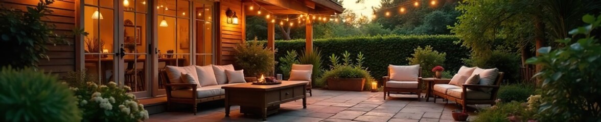 Obraz premium A warm summer evening on a cozy family patio, complete with comfortable seating, string lights, and lush greenery Perfect for relaxation and outdoor gatherings , lighting, design