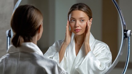 Fototapeta premium A young woman in white robe gently touches her face while looking at herself in an oval bathroom mirror.