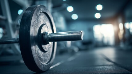 Close-up View of a Heavy Barbell Weight Plate Resting on a Bench Press in a Modern, Blurry Professional Gym Setting