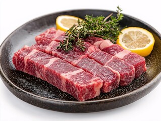Fototapeta premium Gourmet Presentation of Raw Organic Beef Sirloin with Lemon and Herbs for Grilling Enthusiasts. Colorful Culinary Insights on a Fine Dining Dining Room Table Display