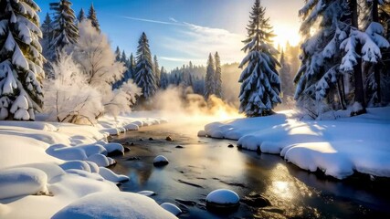 Snowy winter landscape with river flowing through the forest and fog rising in the morning sunlight during the cold season - Powered by Adobe