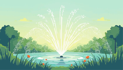 Fountain in Pond with Trees Illustration
