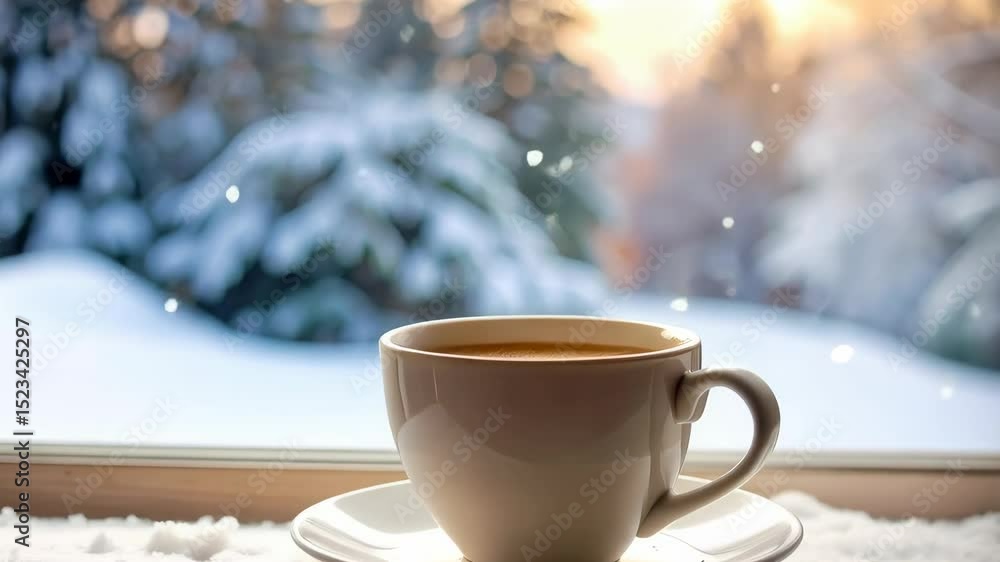 Poster hot beverage in a white mug rests on a snowy window sill with a view of snow-covered trees and softl