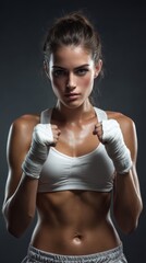 Fototapeta premium A woman is wearing a black tank top and boxing gloves