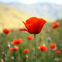 Obraz premium open bud of red poppy flower in the field. wonderful sunny afternoon weather of mountainous countryside. blurred background