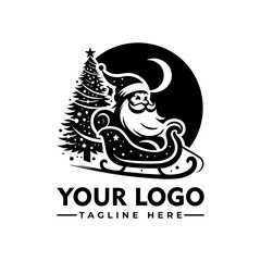 Santa Claus riding in sleigh beside Christmas tree in circular silhouette decorative holiday design. Christmas concept
