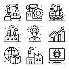 Industry nine black and white icons illustrate industrial and technological processes. Ideal for presentations, infographics, websites, and educational materials.