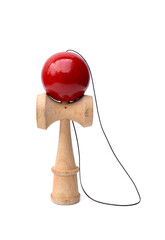 Vintage Old toys that have been played with there are traces damage of play. Cup and ball game Kendama traditional wooden japanese skill toy isolated on white background.