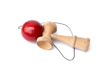 Vintage Old toys that have been played with there are traces damage of play. Cup and ball game Kendama traditional wooden japanese skill toy isolated on white background.