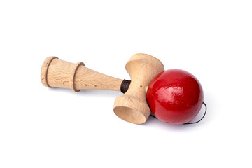 Vintage Old toys that have been played with there are traces damage of play. Cup and ball game Kendama traditional wooden japanese skill toy isolated on white background.