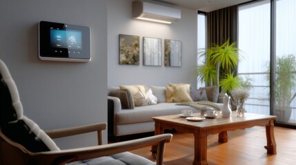 Smart home control panel displays climate settings in a modern living room with comfortable furniture.