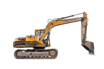 Old excavator or backhoe full of traces wear and tear and rust from use many years isolated on white background.