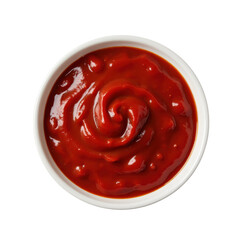 Vibrant red ketchup swirl in a white bowl, appetizing presentation..