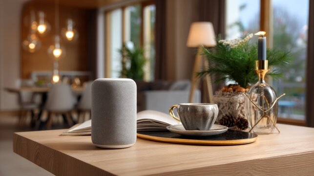 Smart speaker sits on wooden table next to open book and coffee cup in a modern minimalist home interior.