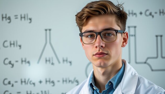 Young scientist in lab coat with chemical formulas in the background. - Powered by Adobe