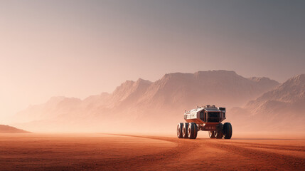 Mars rover exploring dusty red desert with distant rocky mountain under soft warm light