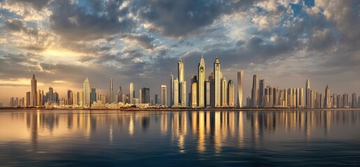 Panoramic view of Dubai Marina skyline reflecting on the sea during a breathtaking golden hour, featuring modern skyscrapers and a cloudy sky
