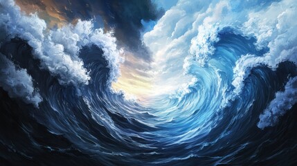 Dramatic ocean waves under a sky filled with tumultuous clouds and light