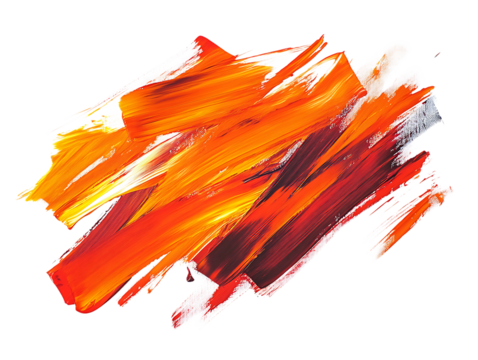 Abstract painting with orange red and white brushstrokes on transparent background