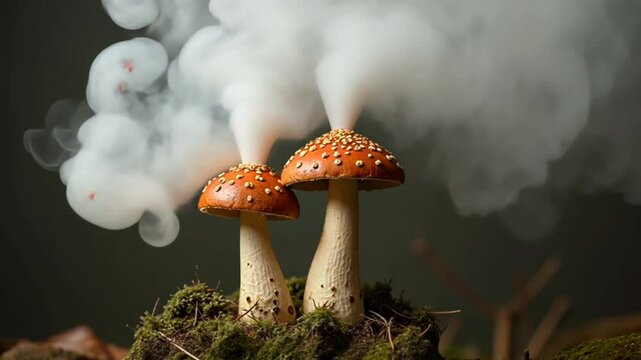 A few fly agarics in a purple mist. A group of dangerous mushrooms is growing in a smoke-filled field. Thick and foggy smoke gives the scene a mysterious and eerie atmosphere