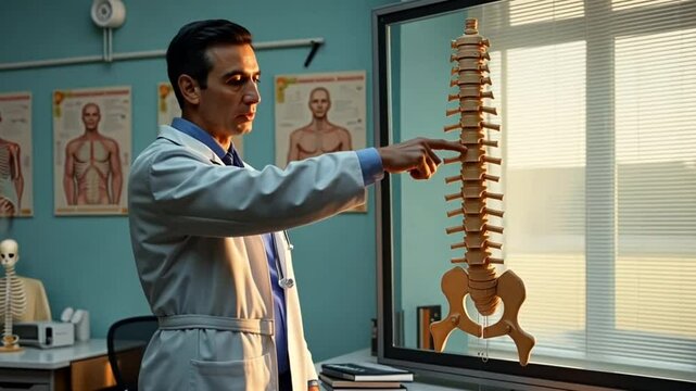 Doctor holding spinal nerve and bone model, Lumbar spine displaced herniated disc fragment for treatment medical in the orthopedic department.