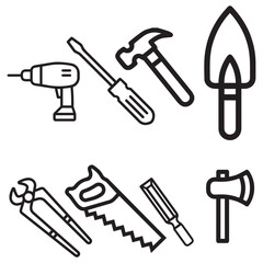A set of essential hand tools in a simple, clean line art style. Includes a drill, screwdriver, hammer, spade, pliers, saw, chisel, and axe. Ideal for construction, DIY, repair, and carpentry themes