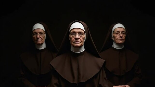 Close-up view of three young nuns in religious habits.