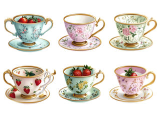 Collection of teacups filled with strawberries and flowers on transparent background