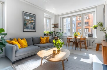 Bright, modern living room with mustard yellow accents.