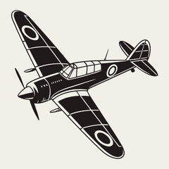 Vintage world war ii fighter plane black and white illustration