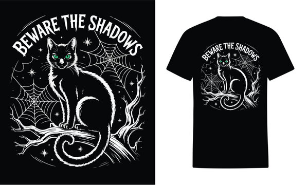 Beware the shadows spooky black cat halloween tshirt design