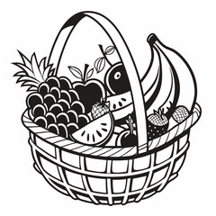 Wicker basket filled with fresh fruit black and white illustration