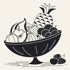 A stylish black and white illustration of a fruit bowl