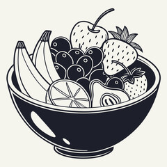 Fresh fruit bowl black and white illustration graphic design
